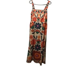 SHEIN CURVE 0XL Floral Maxi Dress Square Neck Smocked Waist Beige Orange Blue